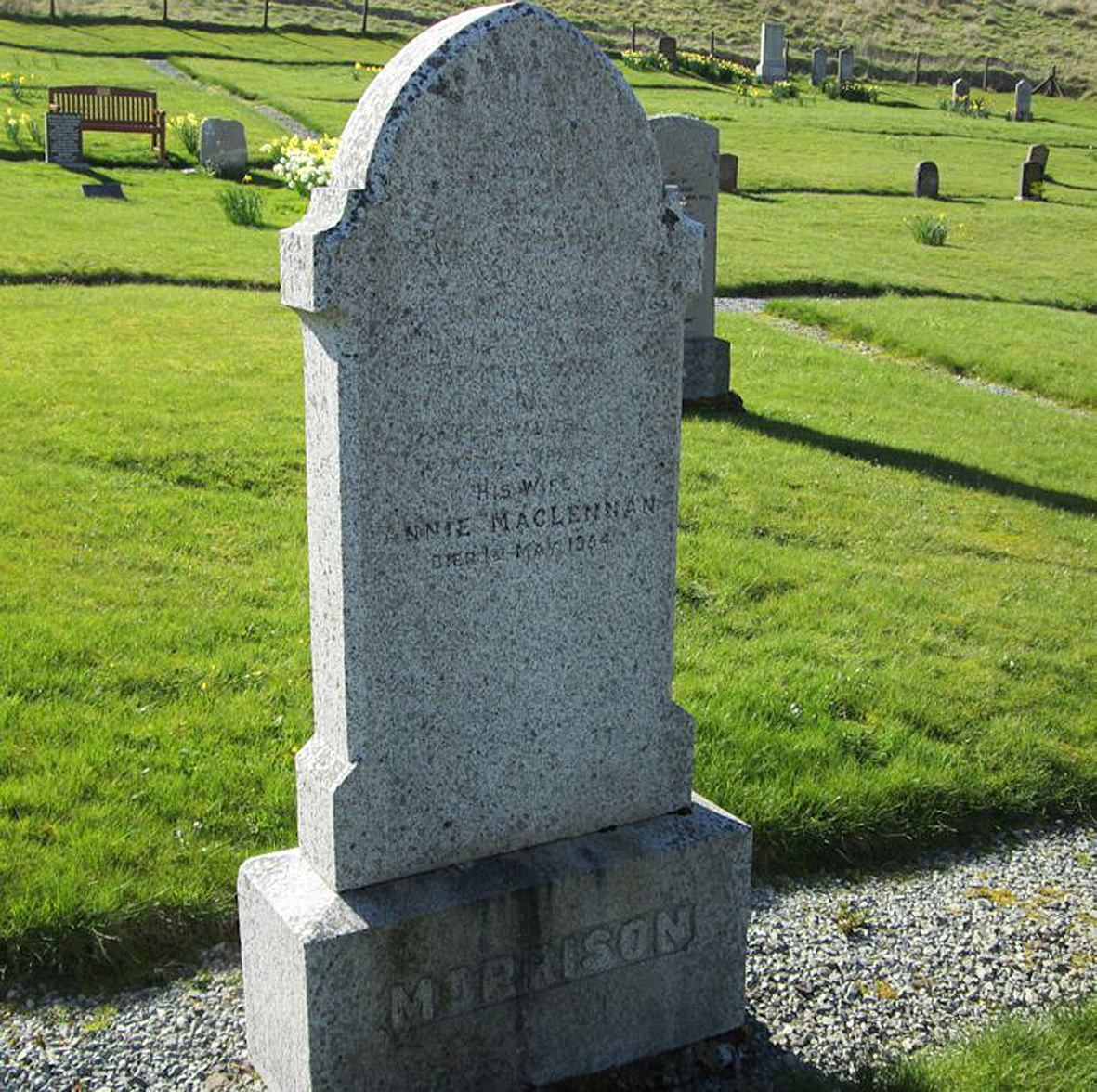 Photo of headstones/Annie MacLennan (Morrison) died 1954 MI Edinbane, Duirinish